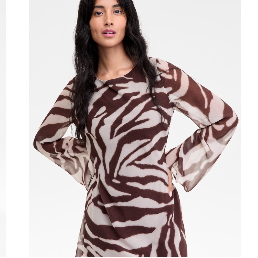 Alex & Sophia Zebra Print Long Sleeve Mesh Mini Dress in Brown | NWOT - Picture 14 of 14